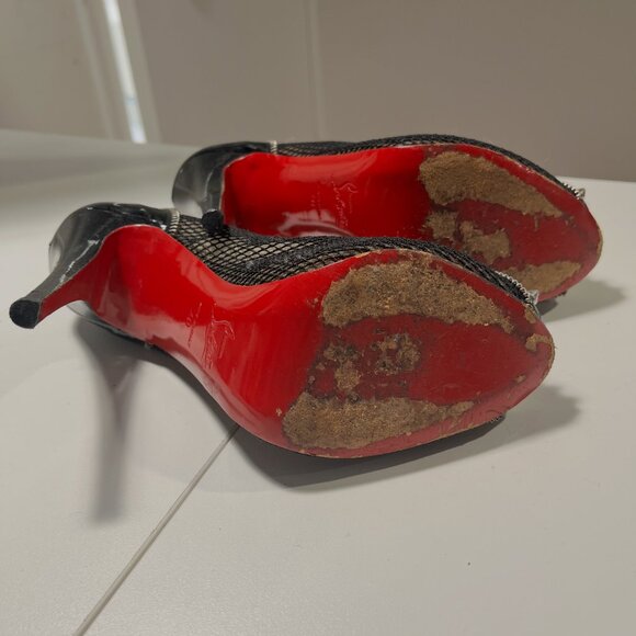 Christian Louboutin Black Mesh And Patent Leather Spiked Shawnita Peep Toe Pumps - Picture 5 of 5